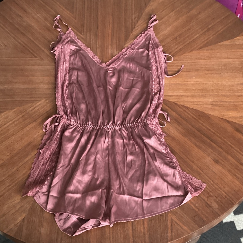 Luxurious Mauve Satin Chemise with Lace Trim